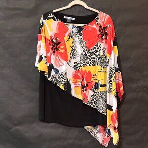 Peter Nygard Blouse Size medium Asymmetrical Floral Top Shirt Orange Black